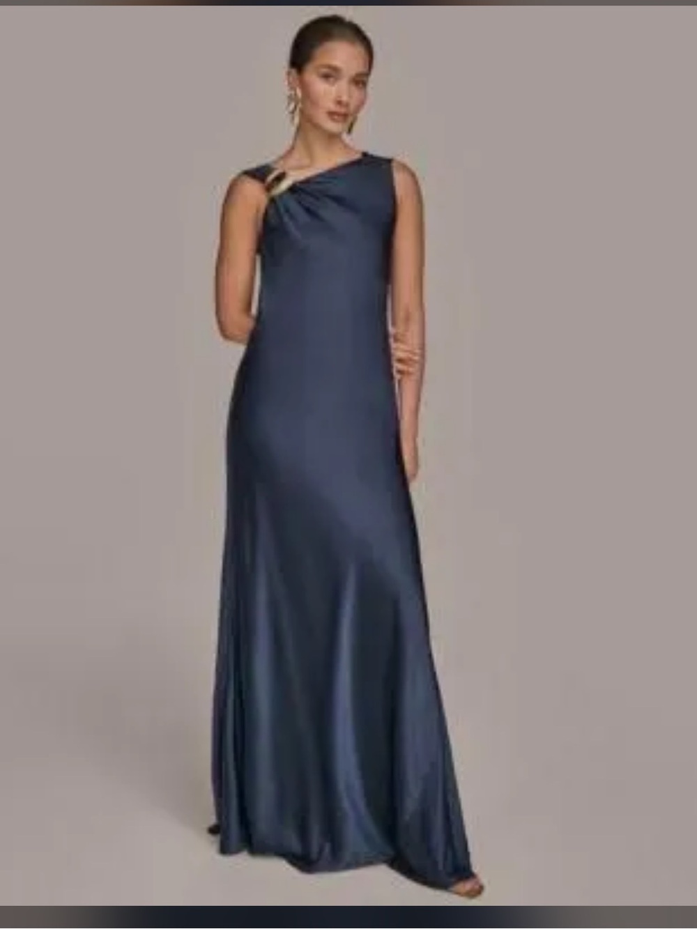 Donna Karan Midnight Navy Sleeveless Maxi Dress with Gold Shoulder Accent